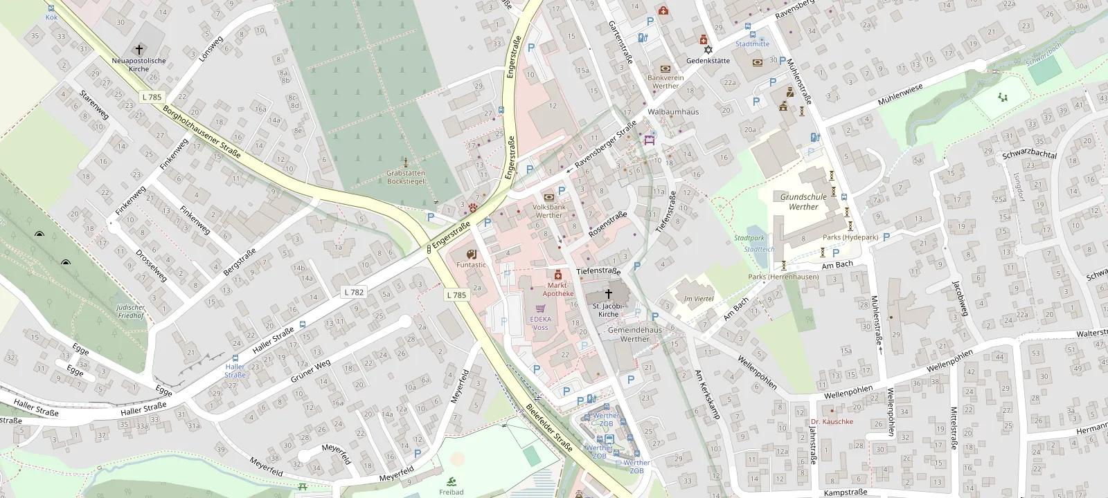 Kartenausschnitt mit der Lage der Praxis, Alte Bielefelder Str. 10, 33824 Werther